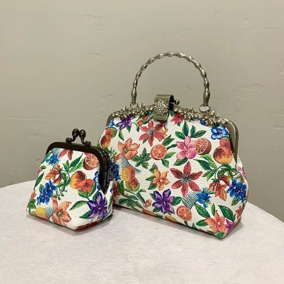 Handmade Genuine Embossed Leather Rhinestone Metal  Frame Handbag & Small Purse - Picture 3 of 16